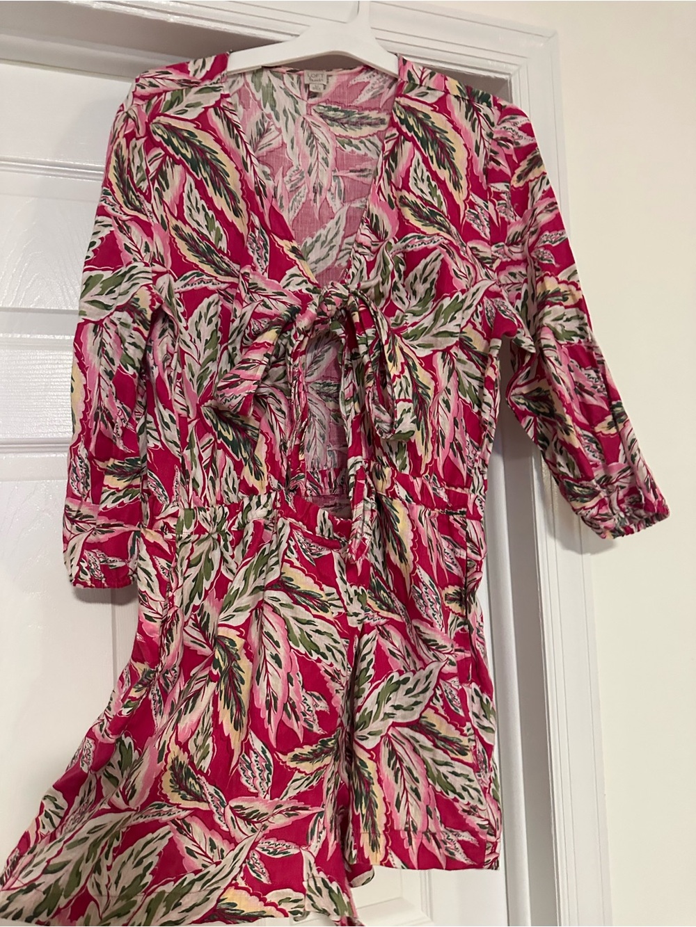Pink Tropical Leaf Print Tie-Front Romper